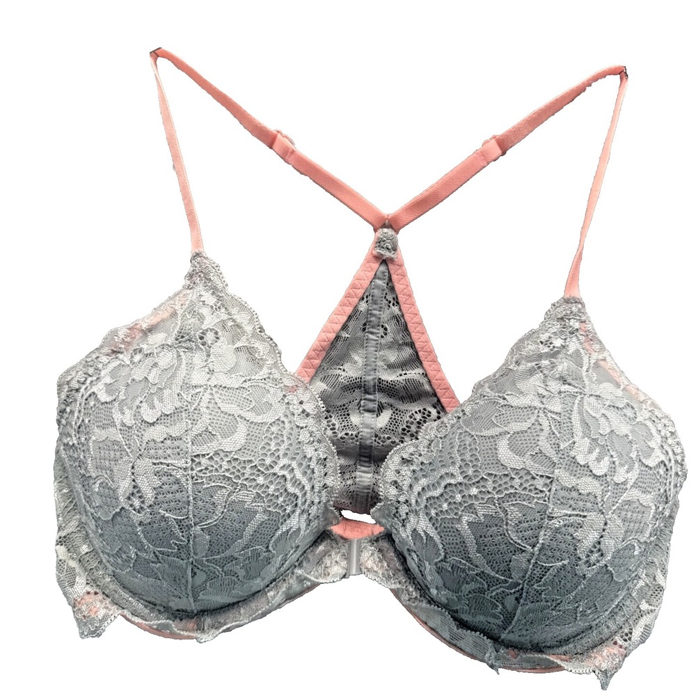 Victoria's Secret PINK 32D Lace Racerback Bra Gray Pink Push Up
